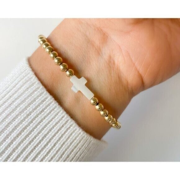 Waterproof Cross Bracelet Pearl Cross Gold Non-tarnish Beaded Stretch Bracelet - Picture 1 of 12